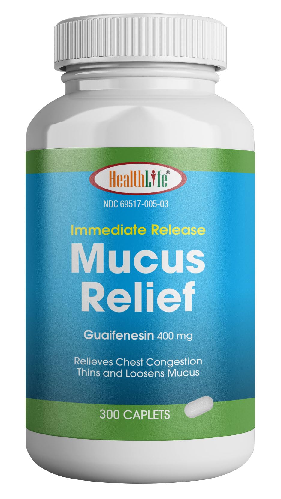 HealthLife Mucus Relief caplets 400 mg en bouteille, confort respiratoire potentiel.