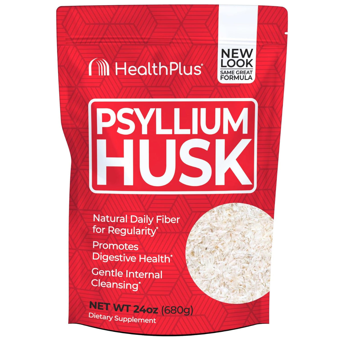 Health Plus psyllium dans une bouteille, idéal pour l'apport quotidien en fibre.