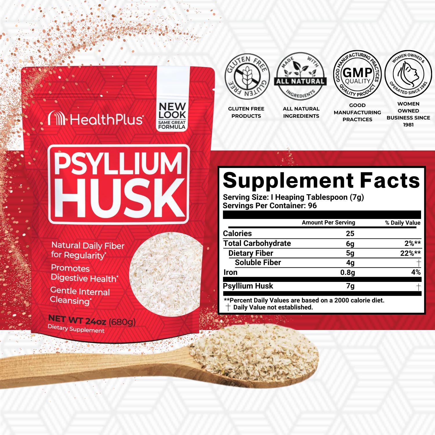 Health Plus cuillère-doseuse psyllium, dosage pratique pour démarrer la journée.