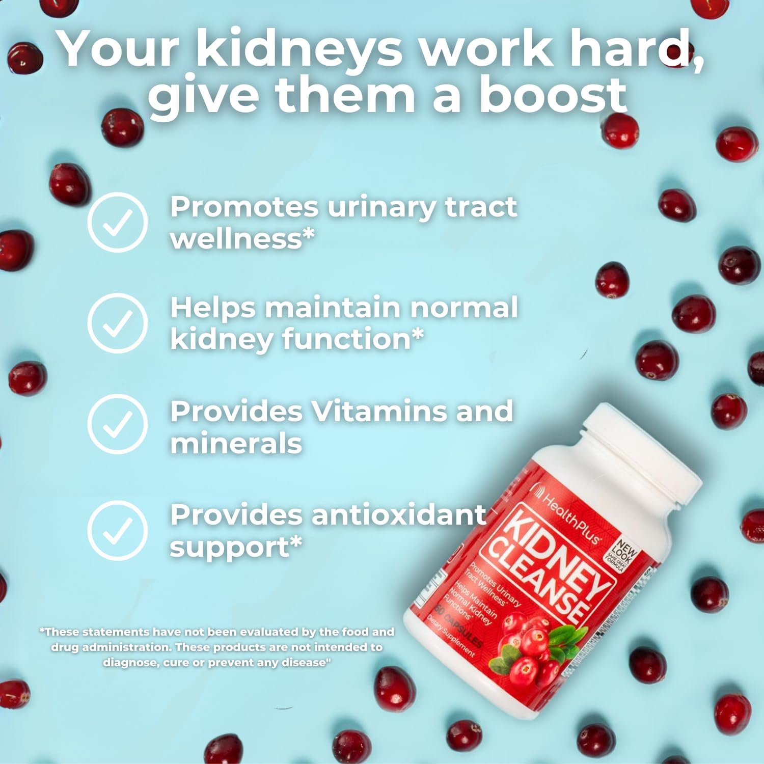 Health Plus Kidney Cleanse : extrait de canneberge visible pour le soutien du tractus urinaire.