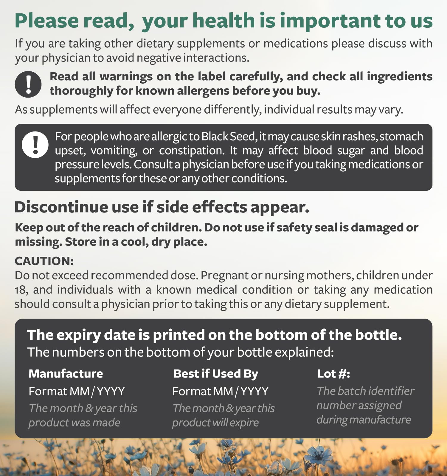 Healths Harmony - avertissement allergie graines, information transparente utile.