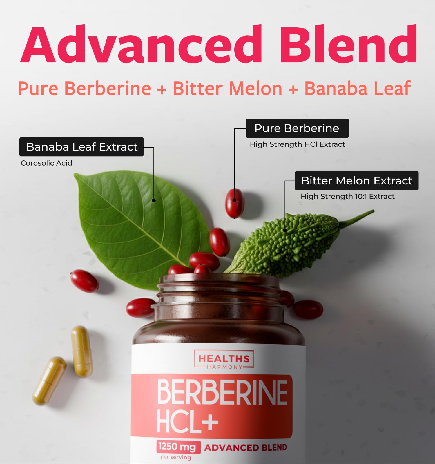 Healths Harmony Berberine et banaba, extrait naturel affiché sur l'étiquette.