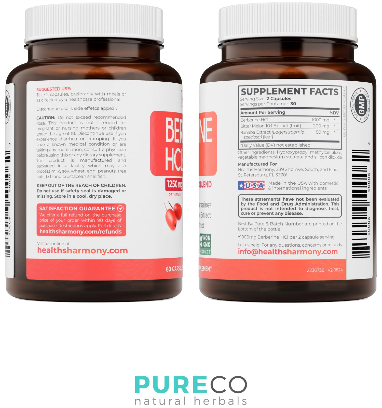 Fabriqué aux États-Unis avec ingrédients mondiaux, contrôle qualité Healths Harmony Berberine.