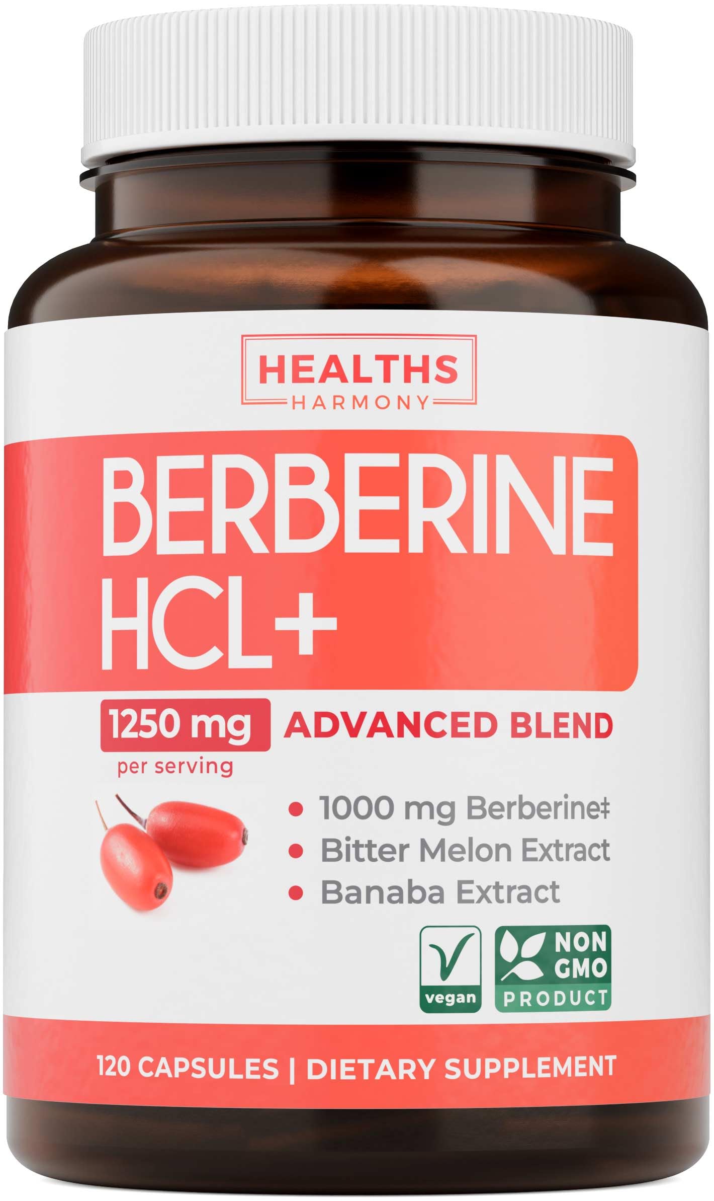 Healths Harmony Berberine HCL en bouteille, étiquette claire, soutien potentiel au métabolisme.