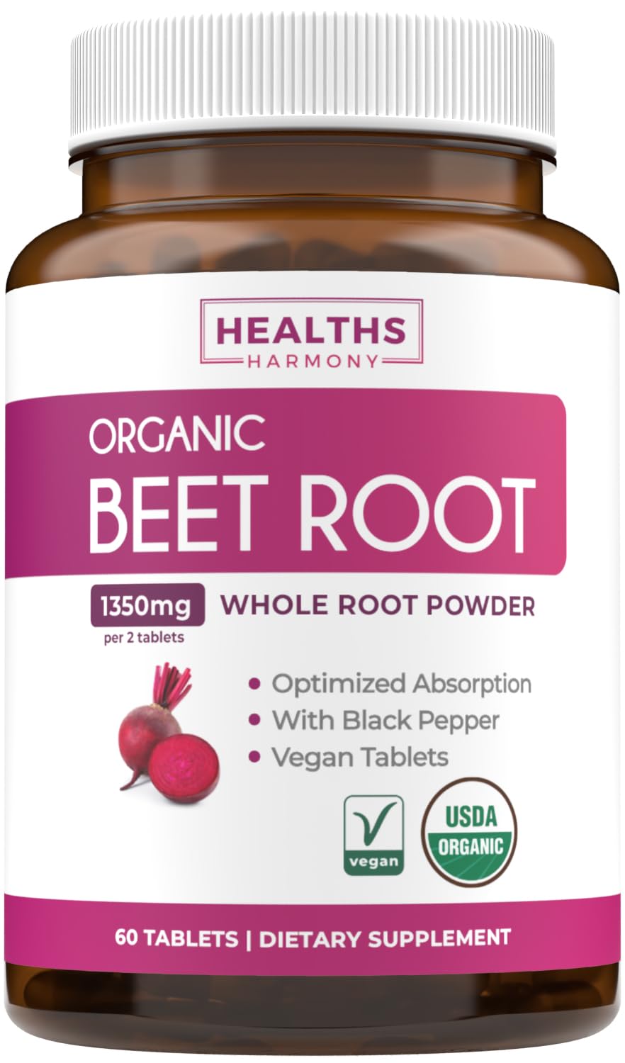 Healths Harmony beetroot poudre, bouteille recto affiche l’étiquette biologique et énergie naturelle