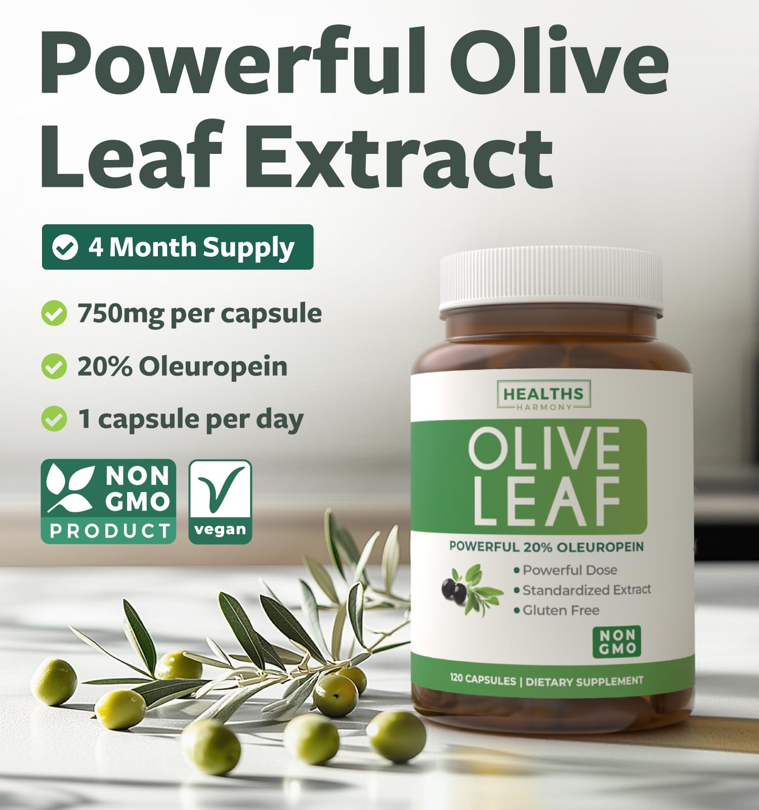 Healths Harmony bouteille-capsules-feuille-olive : format pratique pour une prise quotidienne.