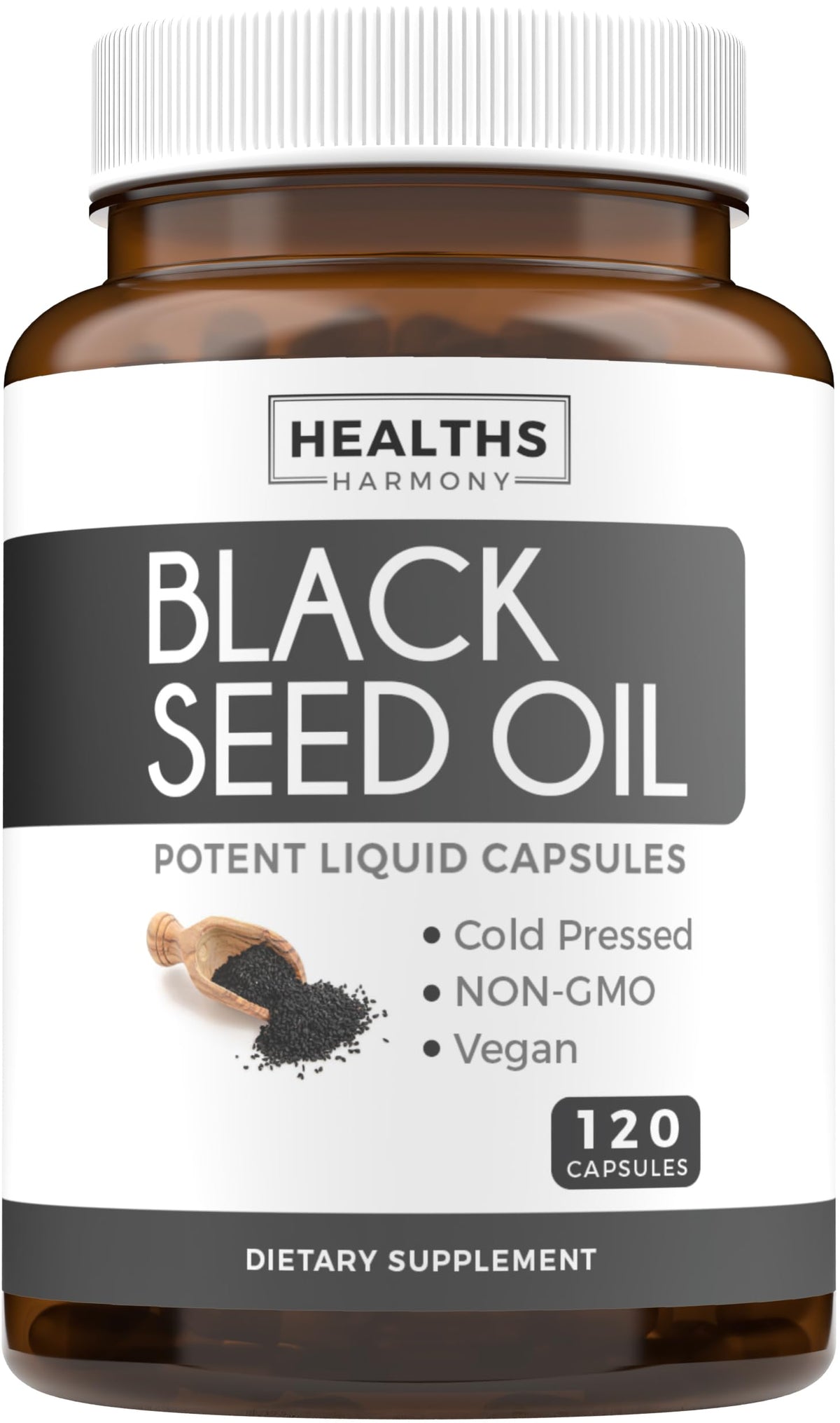 Healths Harmony - bouteille softgels huile noire, prise facile et pureté garantie.