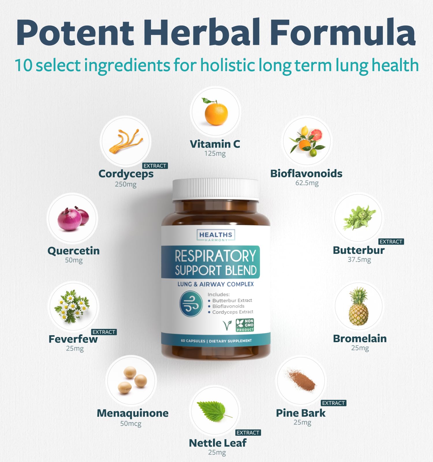 Ingrédients Healths Harmony – tableau des bioflavonoïdes et bromélaïne