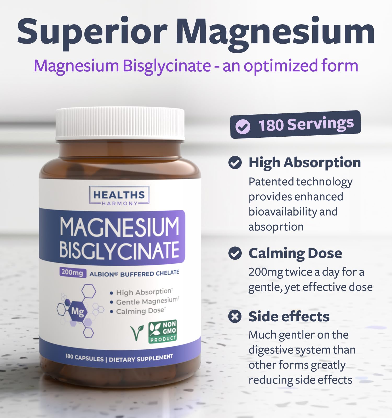 Capsule Healths Harmony magnésium bisglycinate, dose quotidienne de 200 mg en format vegan.