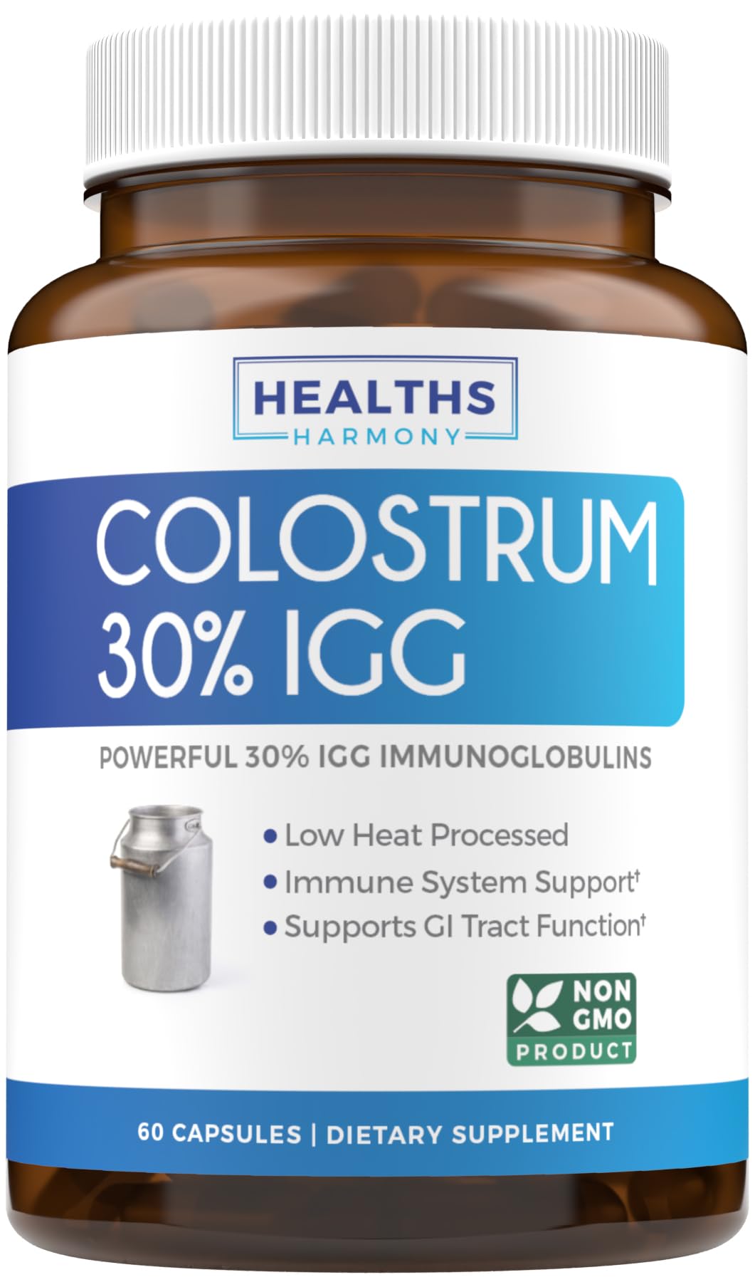 Healths Harmony Colostrum Bovin – bouteille montrant le format pratique pour l'apport quotidien.