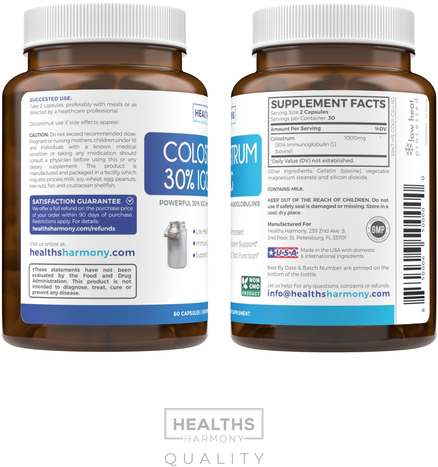 Healths Harmony Colostrum Bovin – emballage durable et sans OGM.