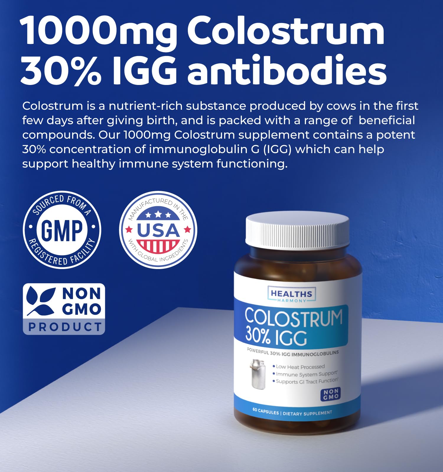 Healths Harmony Colostrum Bovin – étiquette affichant 1000 mg par portion et indications.