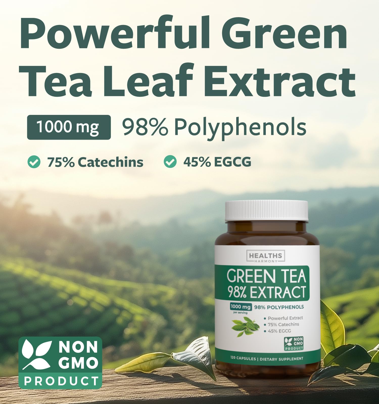 Étiquette Healths Harmony EGCG avec ingrédients pour transparence