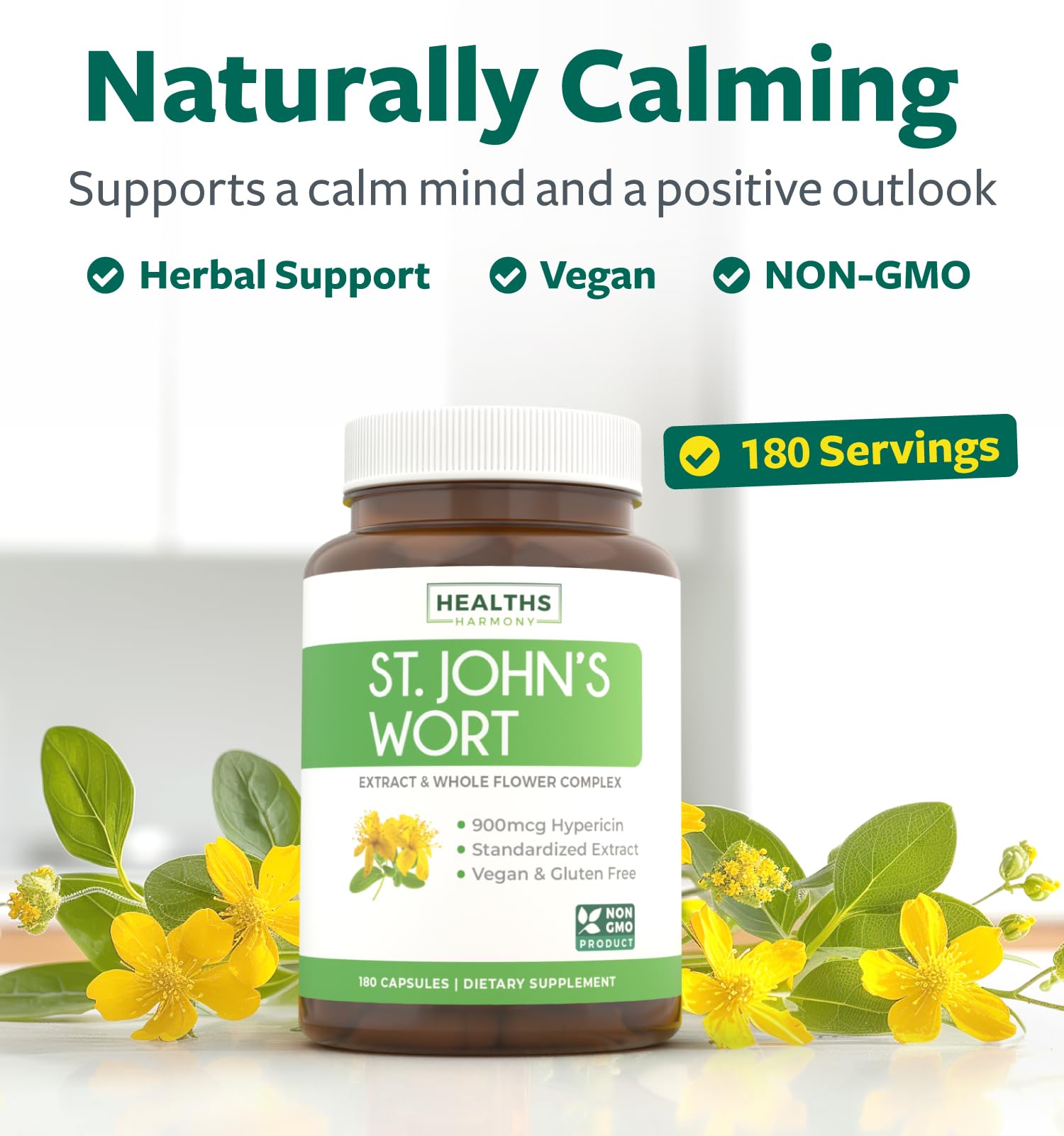Healths Harmony emballage Saint John's Wort: informations claires et qualité certifiée.