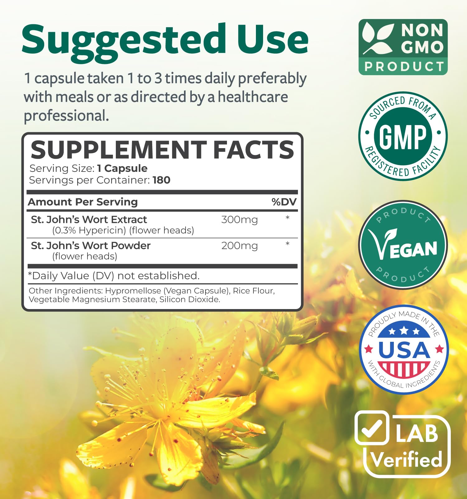 Healths Harmony étiquette Saint John's Wort: liste d'ingrédients et usage recommandé.