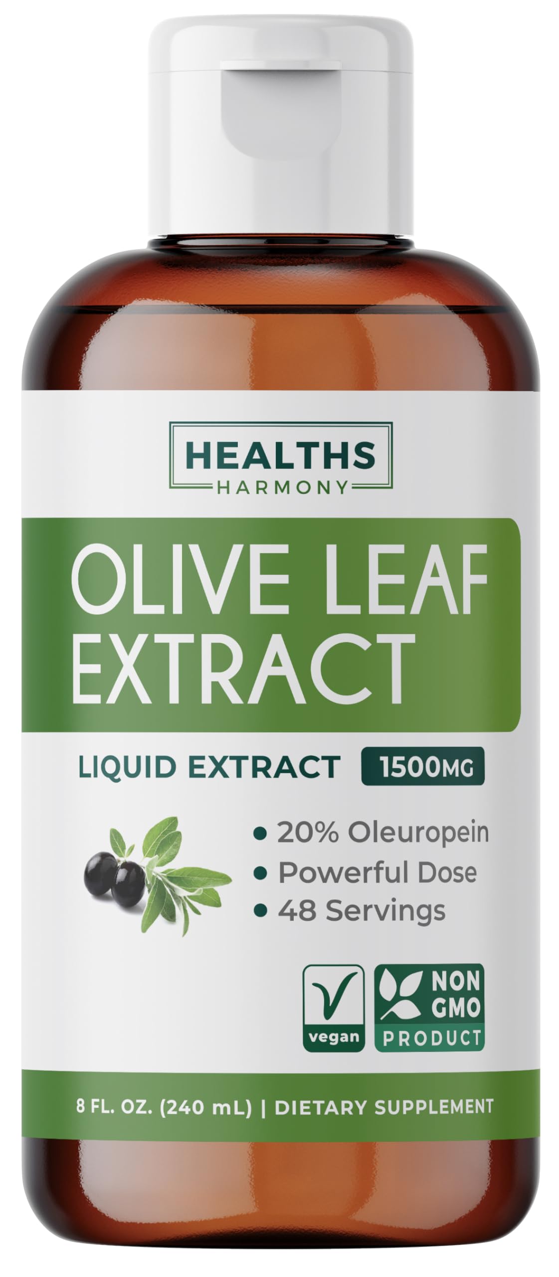 Healths Harmony Extrait Feuille Olive Bouteille : soutien immunitaire potentiel et antioxydants.