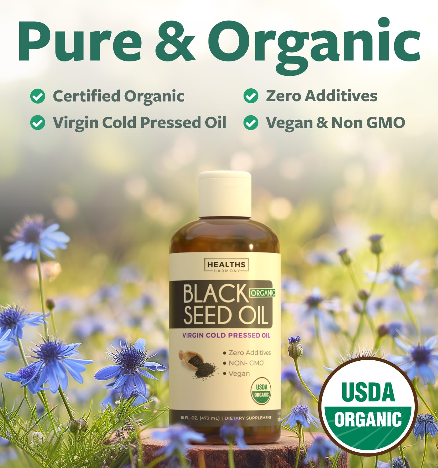 Healths Harmony huile nigelle etiquette-bio-usda, label biologique rassurant.