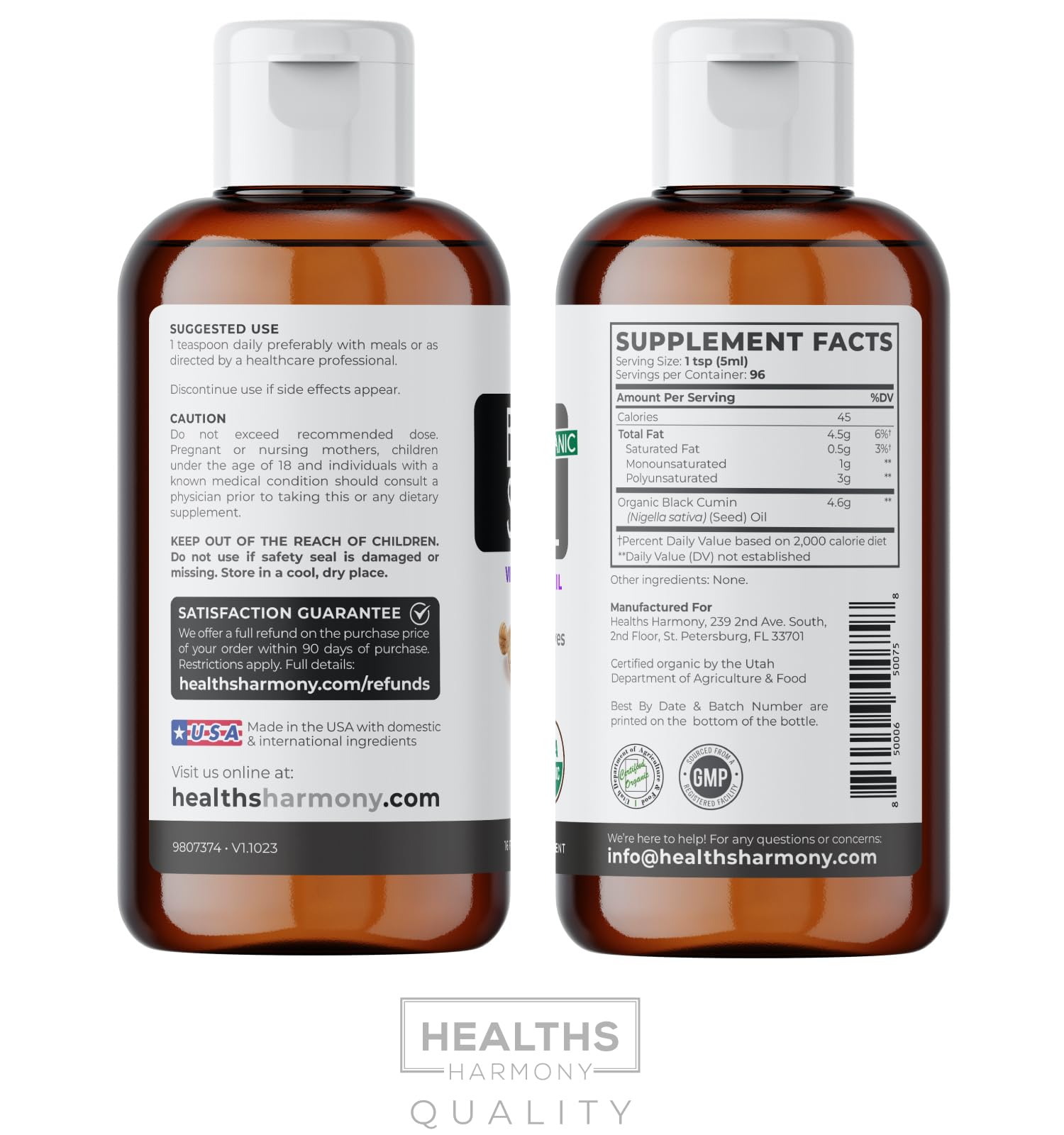 Healths Harmony huile nigelle fabrication-USA, embouteillage dans une installation certifiée.