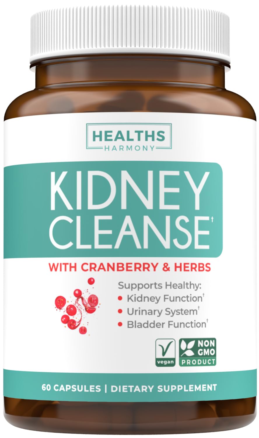 Healths Harmony Kidney Cleanse – Bouteille visible, soutien naturel des reins et de l'appareil urinaire.