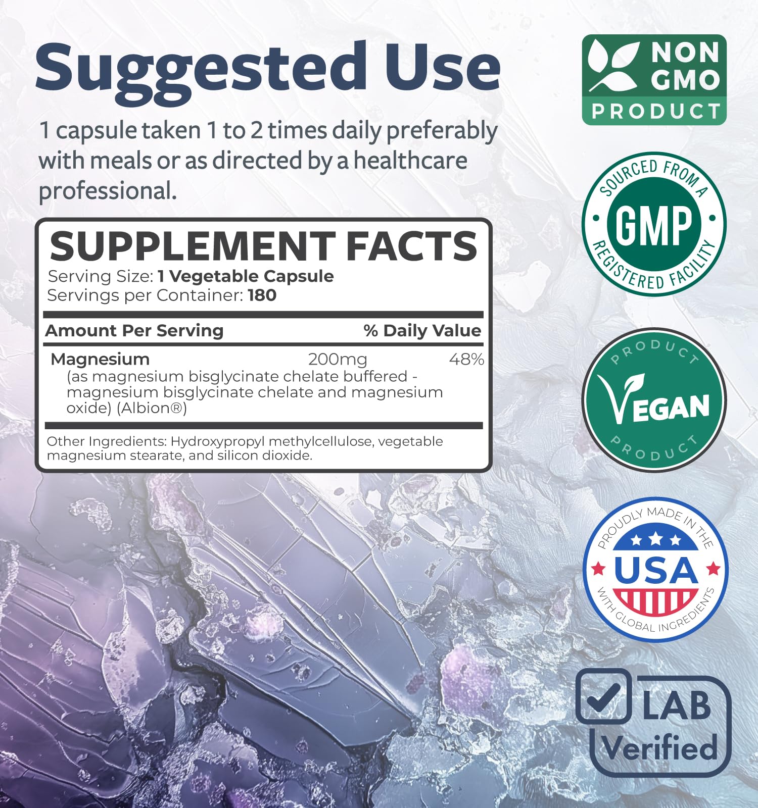 Capsule vegan Healths Harmony magnésium bisglycinate, adaptée aux régimes végétaliens.