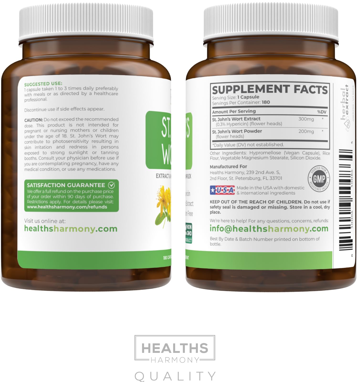 Healths Harmony fiche qualité Saint John's Wort: ingrédients soigneusement sourcés.