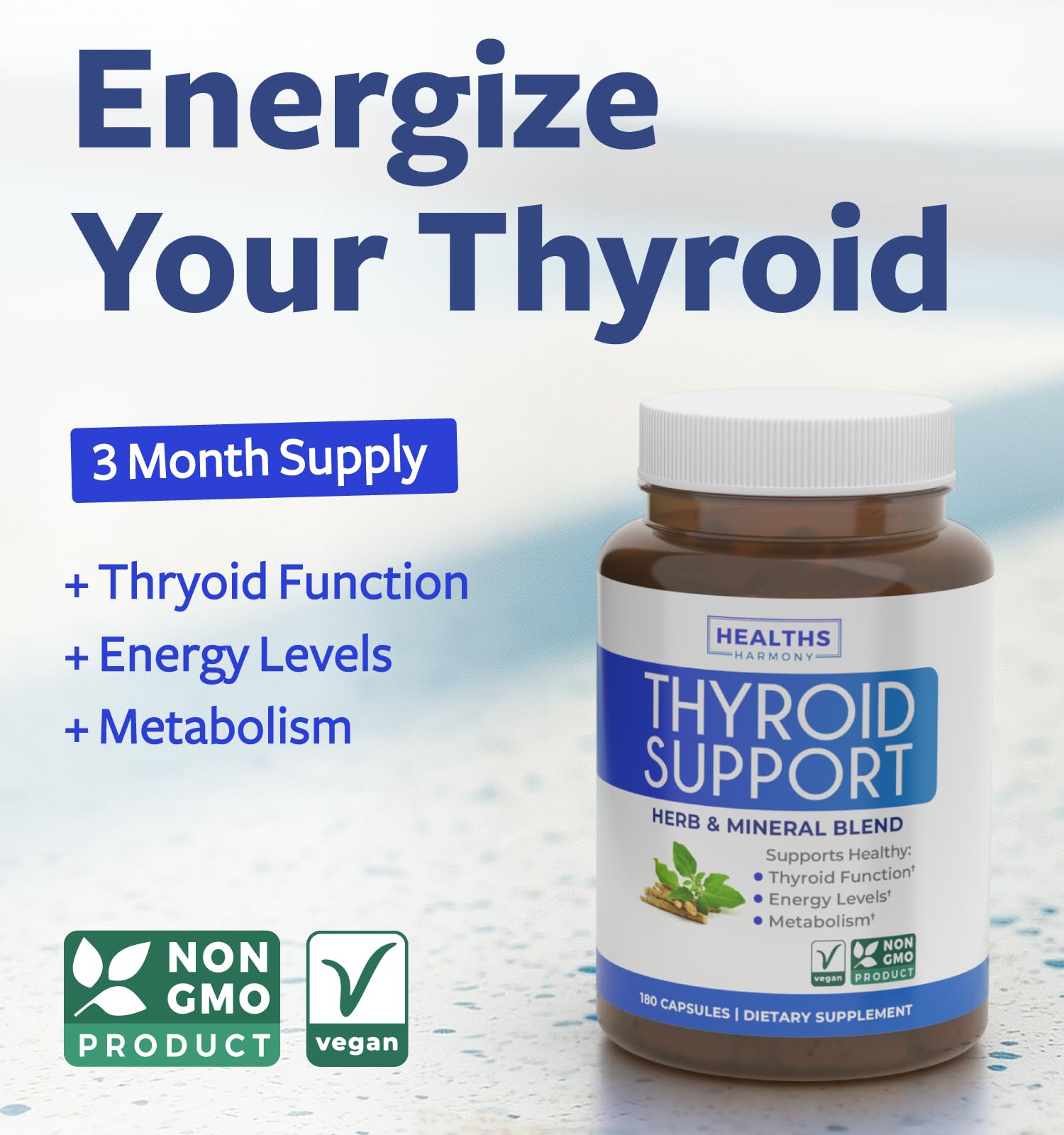 Healths Harmony Soutien Thyroid – vue de la bouteille de 180 capsules pratique pour 90 jours.