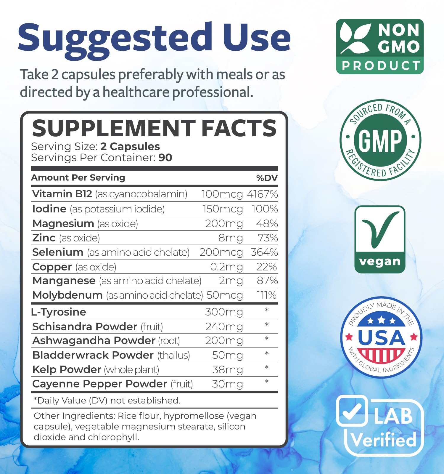 Healths Harmony Soutien Thyroid – tableau nutritionnel et liste des ingrédients visibles.