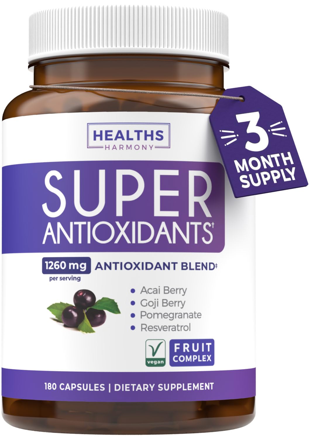 Healths Harmony Super Antioxydants : bouteille, soutien immunitaire potentiel et énergie durable.