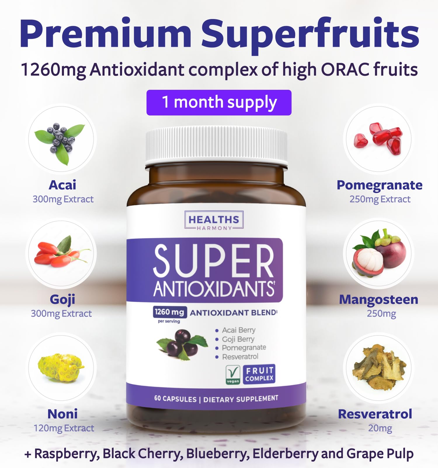 Étiquette Healths Harmony Super Antioxydants – informations claires sur le produit.