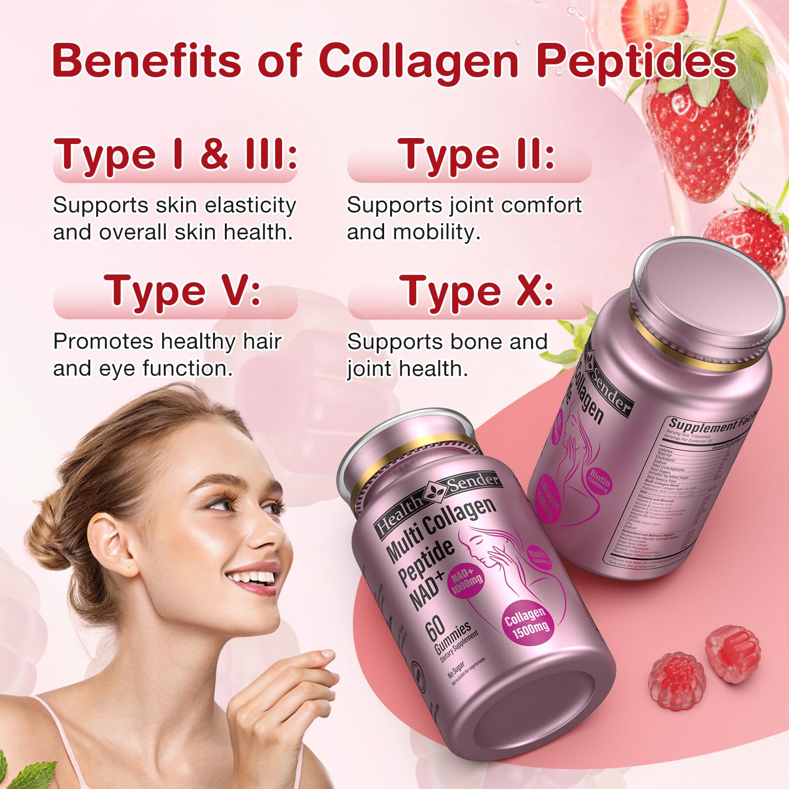 Goût fraise HealthSender Collagen Gummies, plaisir sans sucre.