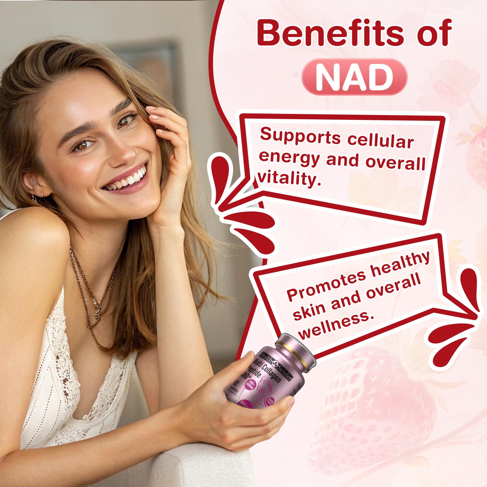 Ingrédients HealthSender collagène et nutriments essentiels pour la peau.