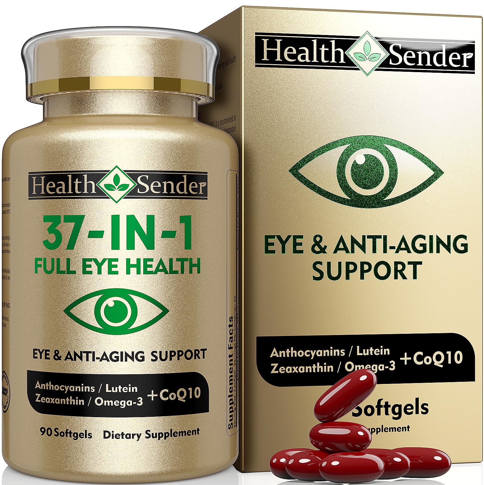 HealthSender Eye Vitamin 37 en 1 — Bouteille du complément pour le soutien visuel quotidien.