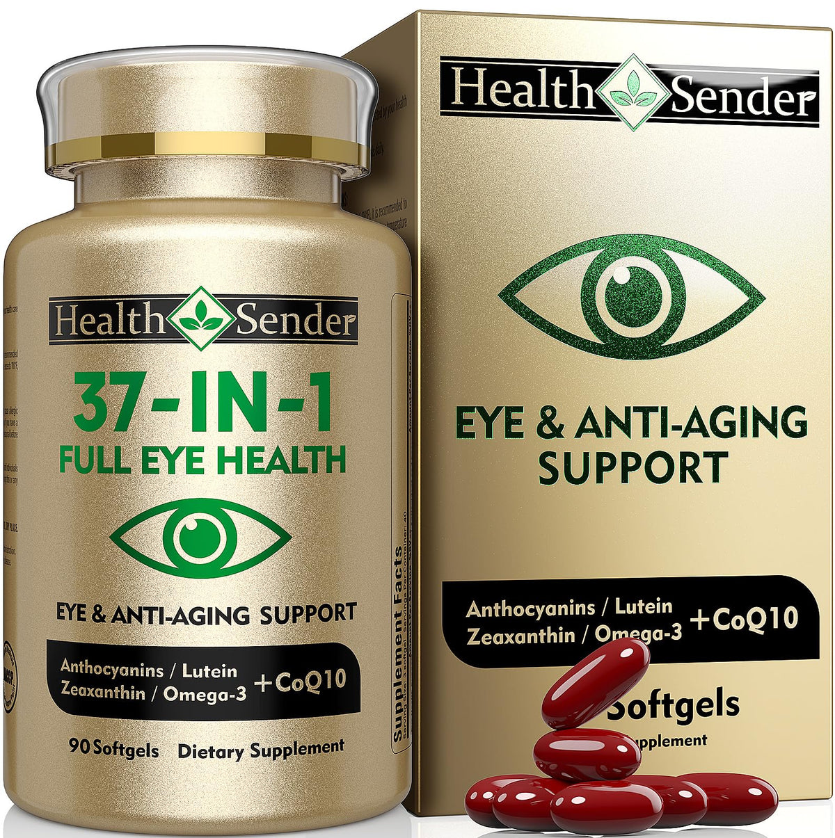 HealthSender Eye Vitamin 37 en 1 — Bouteille du complément pour le soutien visuel quotidien.