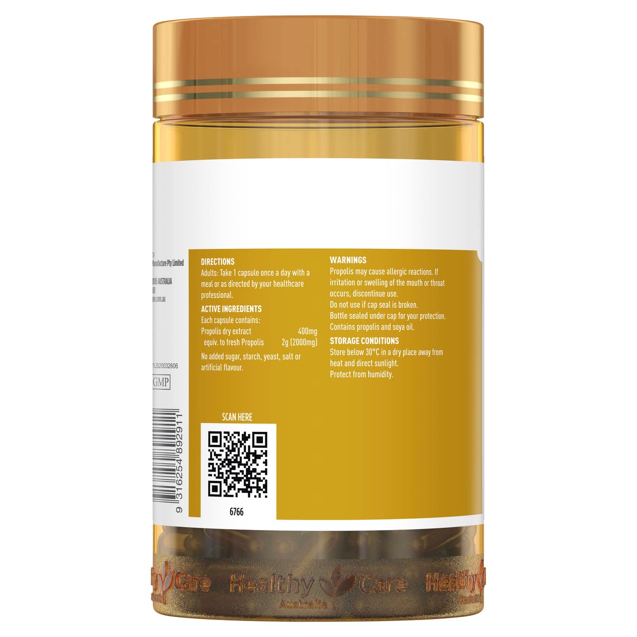 Healthy Care Propolis 2000 – étiquette avec certification TGA et cGMP.