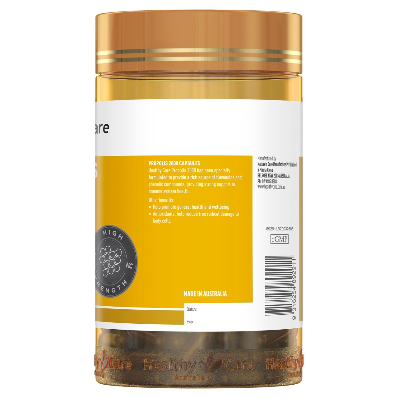Healthy Care Propolis 2000 – capsules visibles pour usage quotidien.