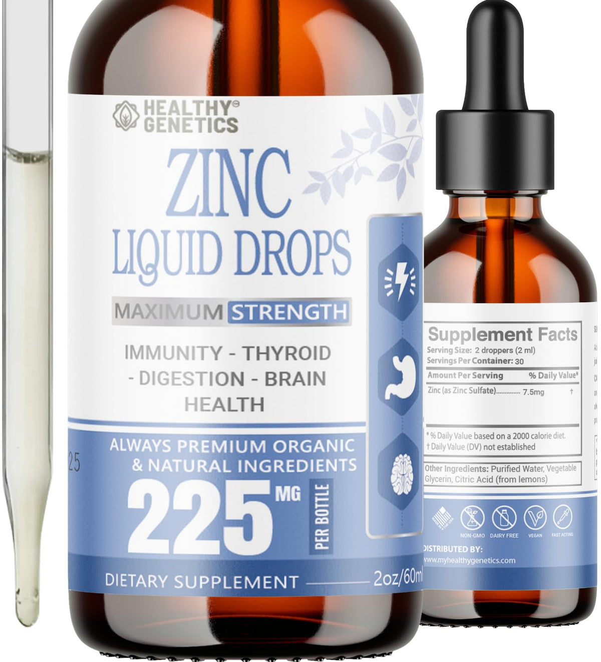 Gouttes Zinc Healthy Genetics dans la bouteille avec pipette, usage quotidien potentiel.