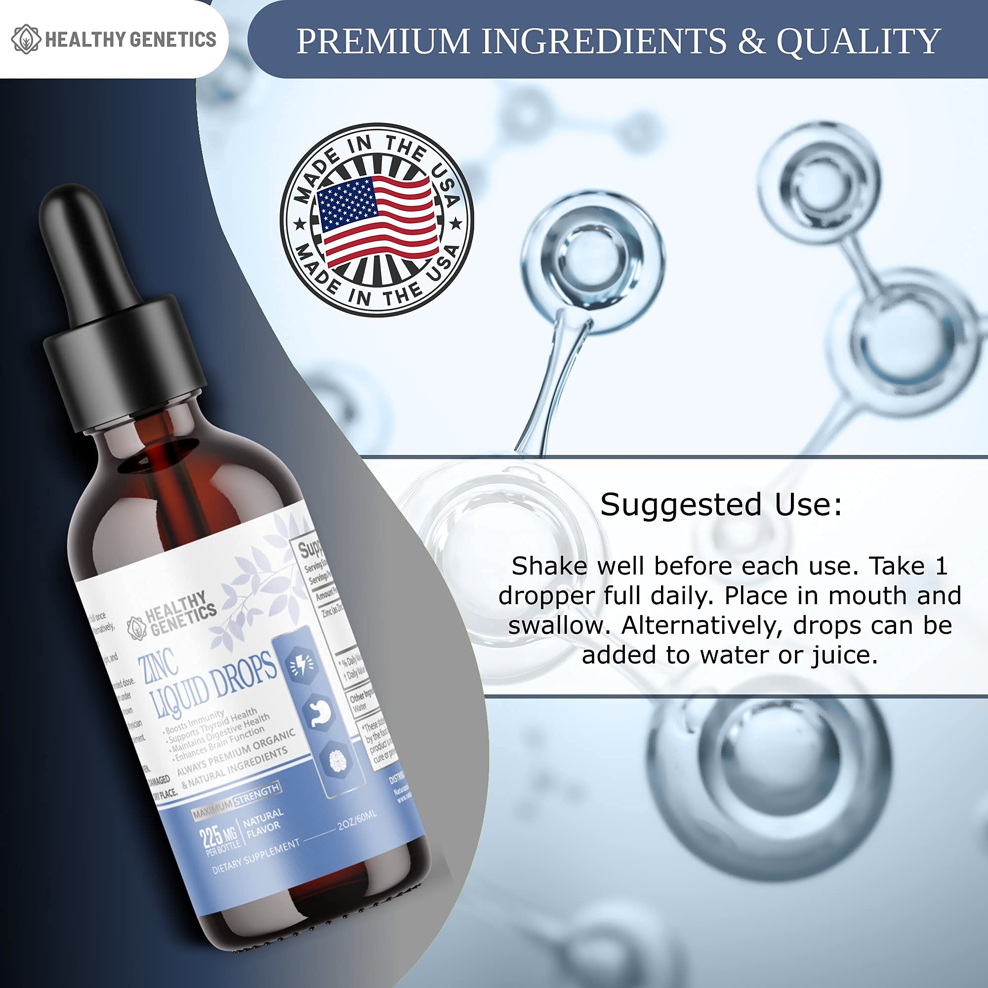 Gouttes Zinc Healthy Genetics en dispersion prête à être versée pour l'apport quotidien.