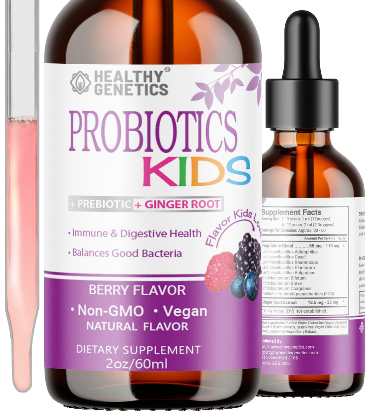 Healthy Genetics Probiotiques liquides pour enfants dans une bouteille ambrée, stabilité garantie.