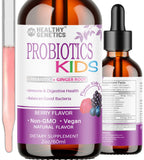 Healthy Genetics Probiotiques liquides pour enfants dans une bouteille ambrée, stabilité garantie.