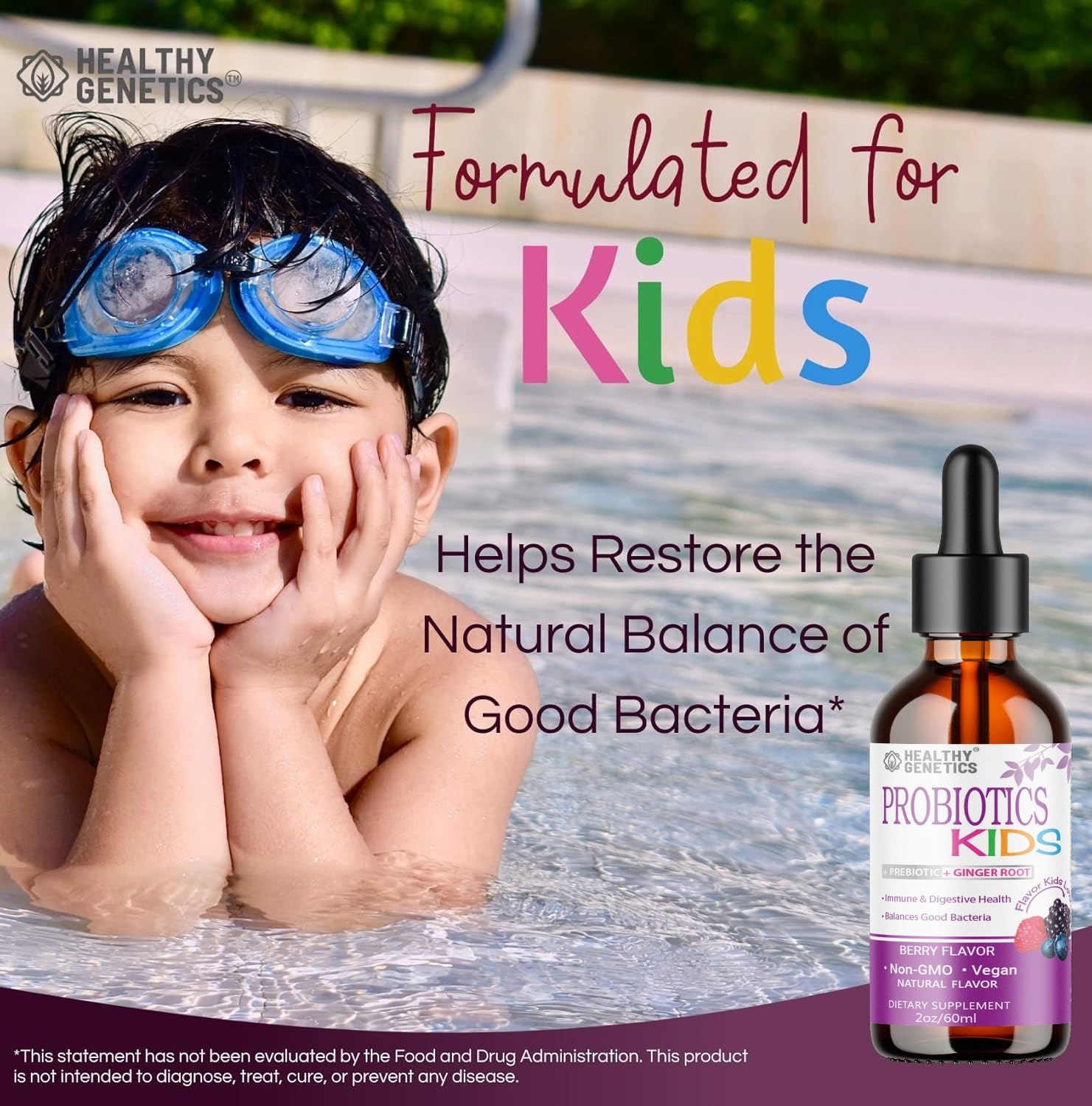 Healthy Genetics Probiotiques liquides enfants, étiquette végan et formulations éthiques.