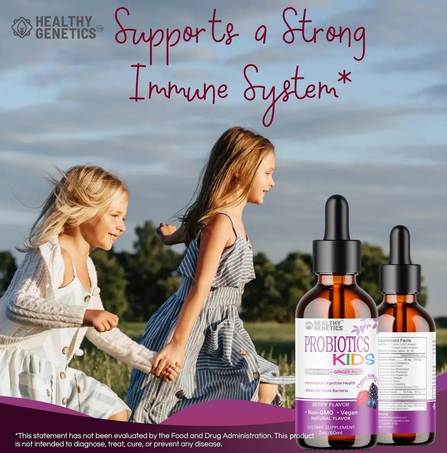Healthy Genetics Probiotiques liquides enfants, racine de gingembre pour soutien digestif naturel.