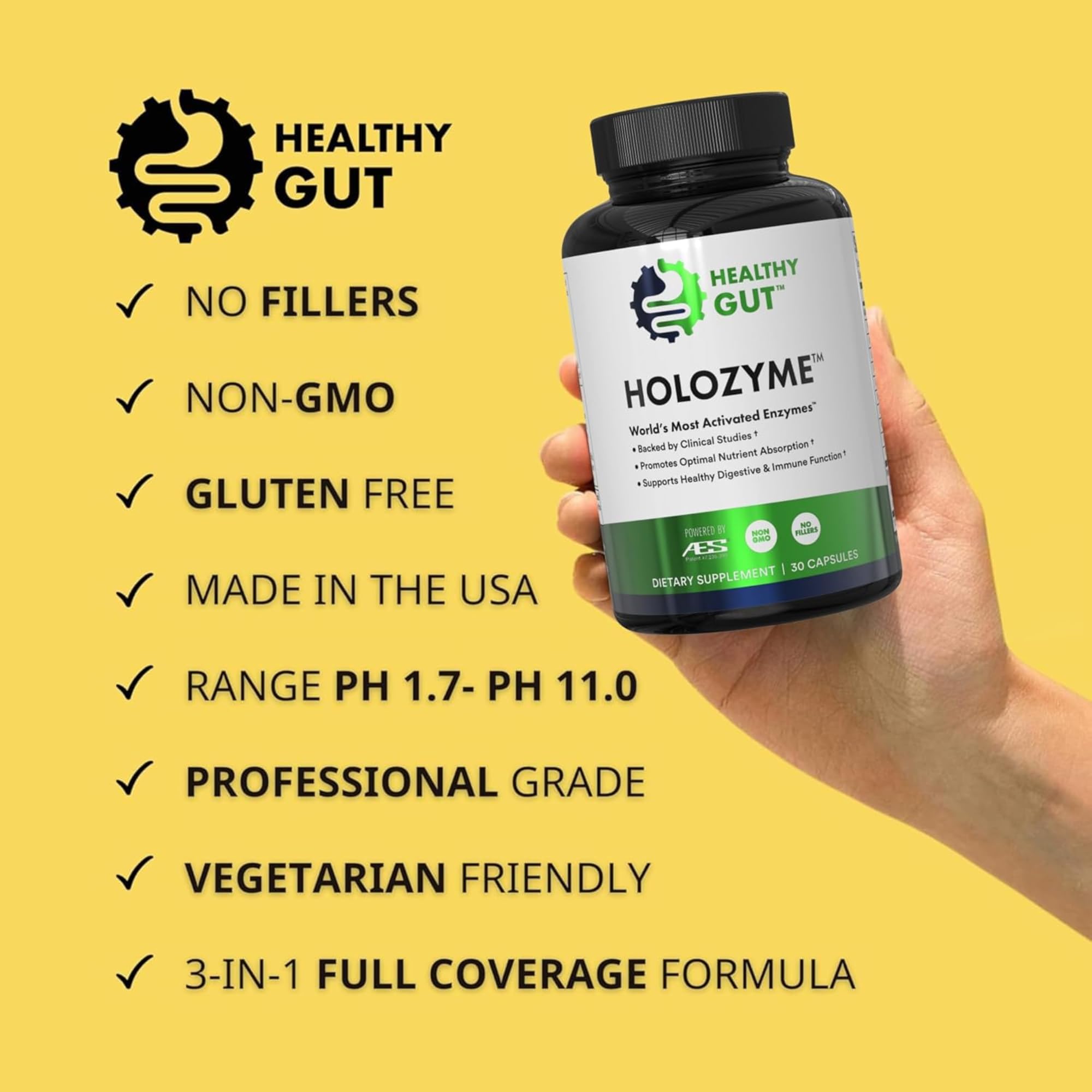 Healthy Gut HoloZyme Max fabriqué aux États‑Unis avec contrôle qualité.