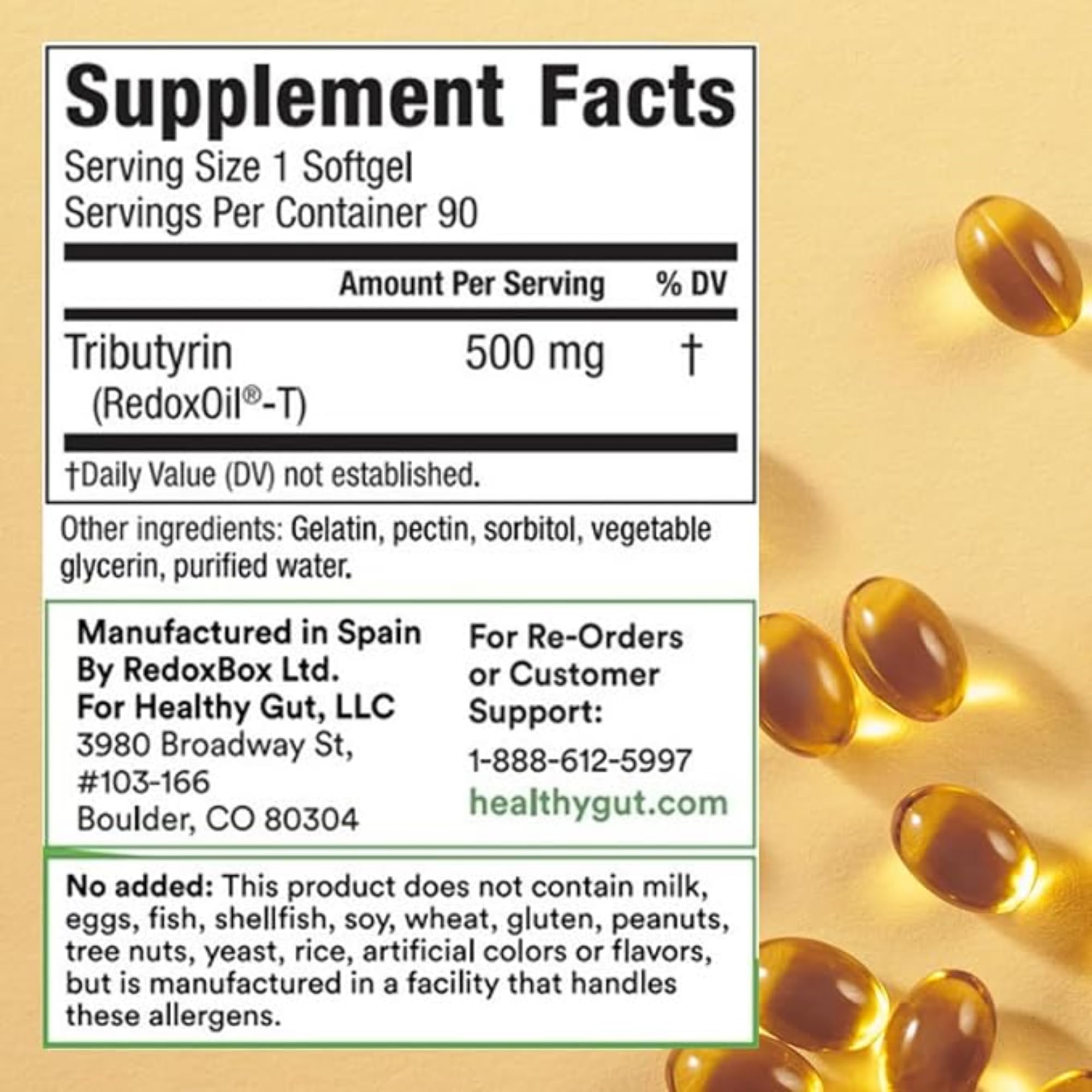 Healthy Gut Tributyrin-X: gelules sans odeur faciles a avaler pour la routine quotidienne.