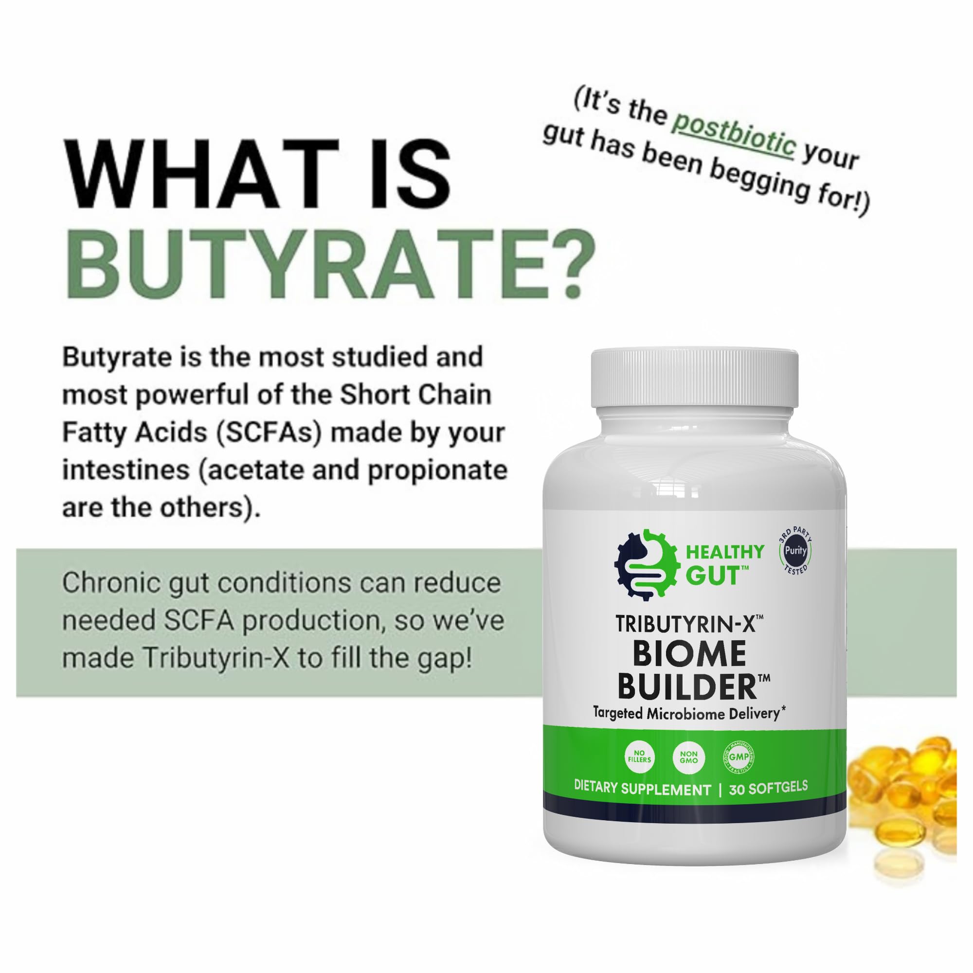 Healthy Gut Tributyrin-X, pureté affichée 99,9% sur l'étiquette