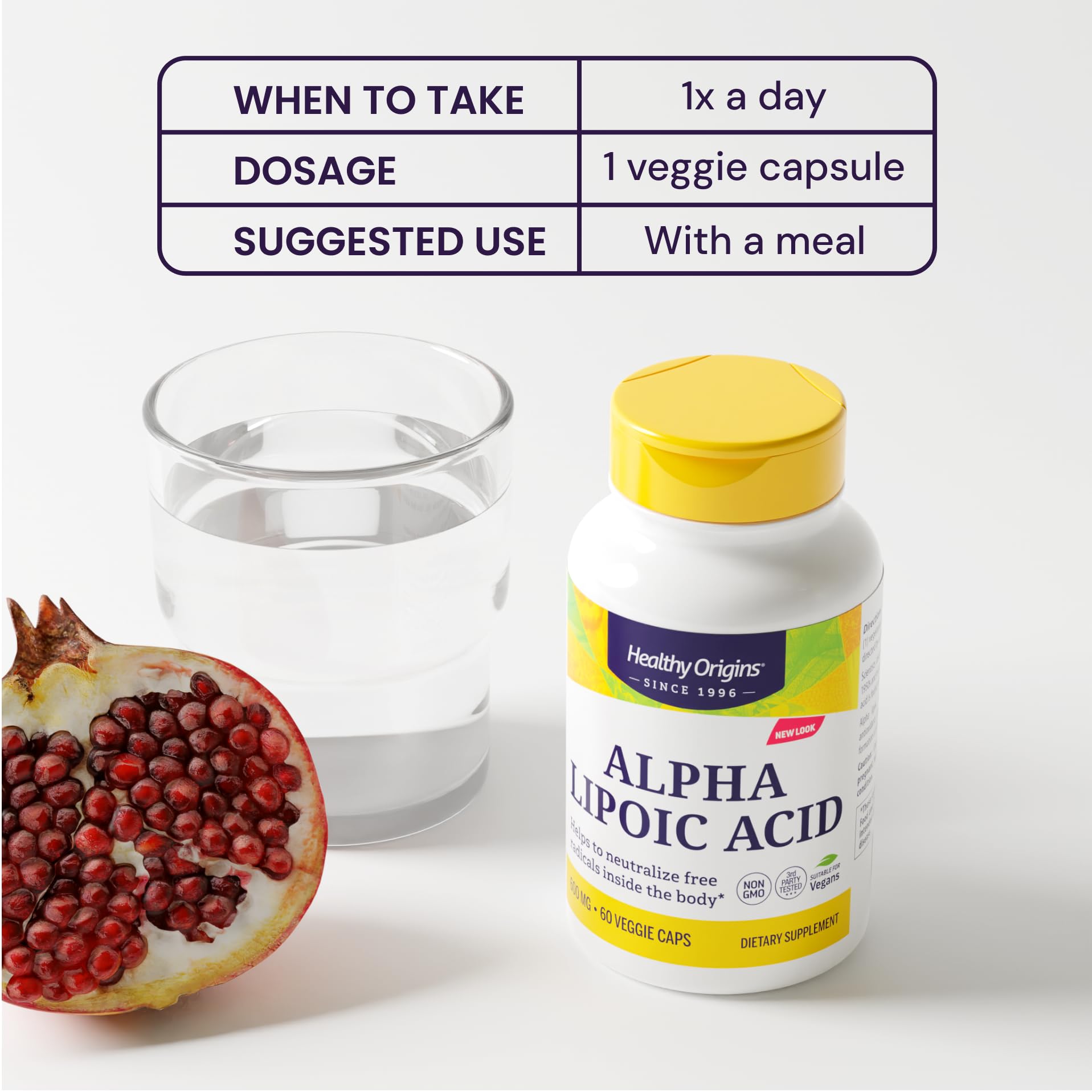 Healthy Origins Acide Alpha Lipoïque 600 mg – boîte ouverte montrant le format prêt à l'emploi.