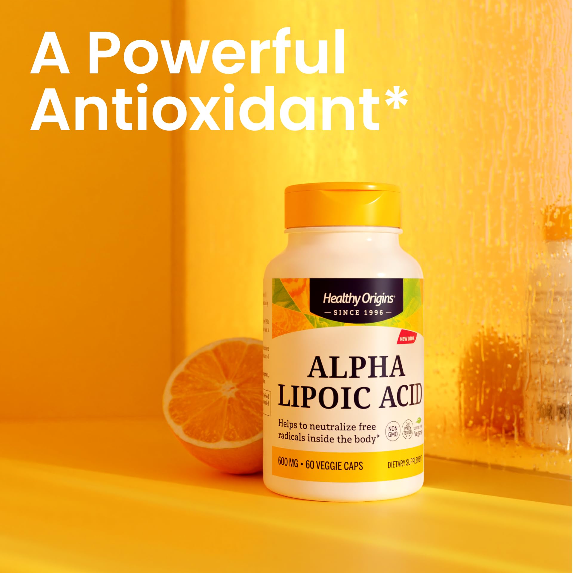 Healthy Origins Acide Alpha Lipoïque 600 mg – étiquette claire indiquant dosage et informations.