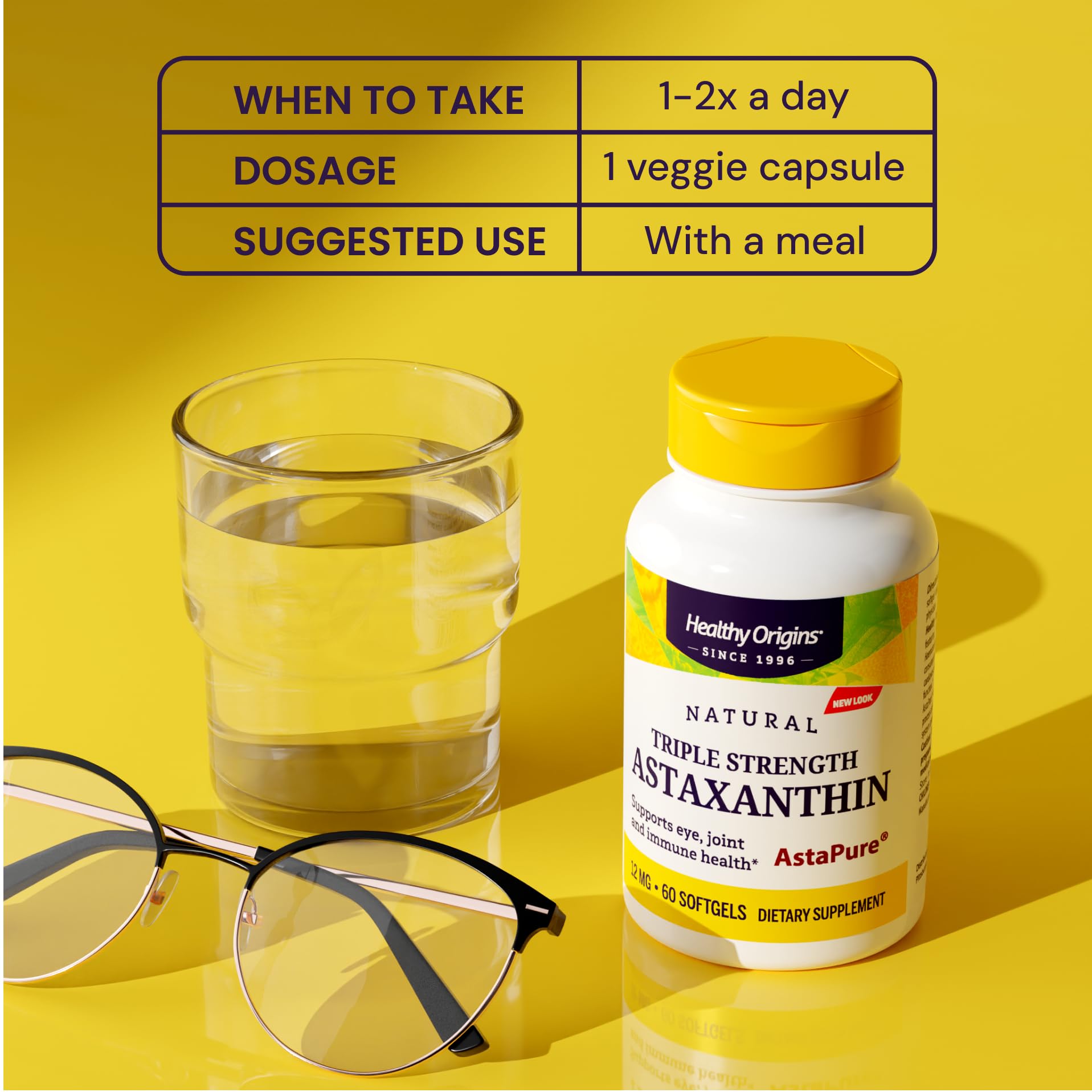 Healthy Origins Astaxanthin 12 mg — flacon recyclable, sans OGM
