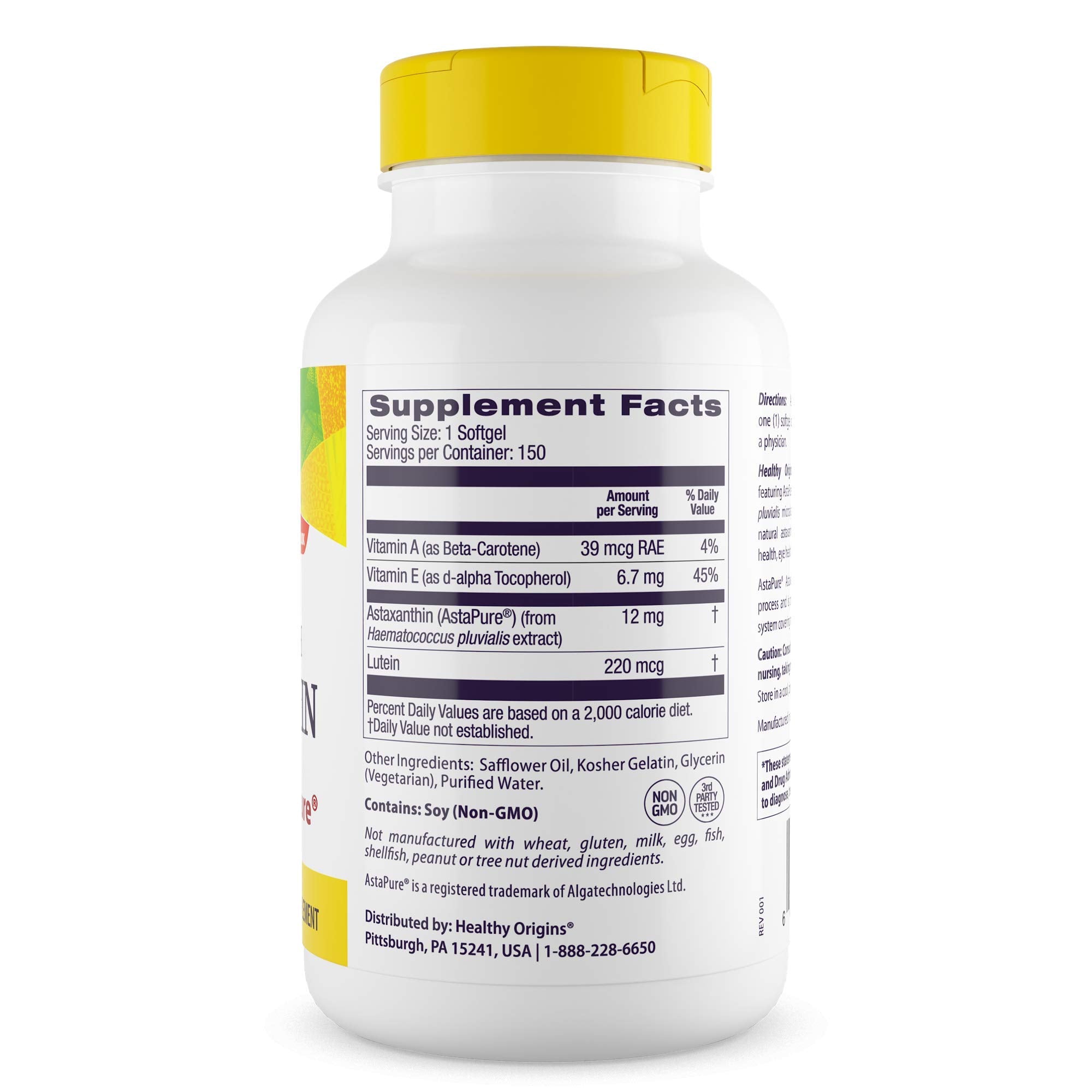 Healthy Origins Astaxanthin 12 mg — gélules 150, formulation naturelle et sans gluten