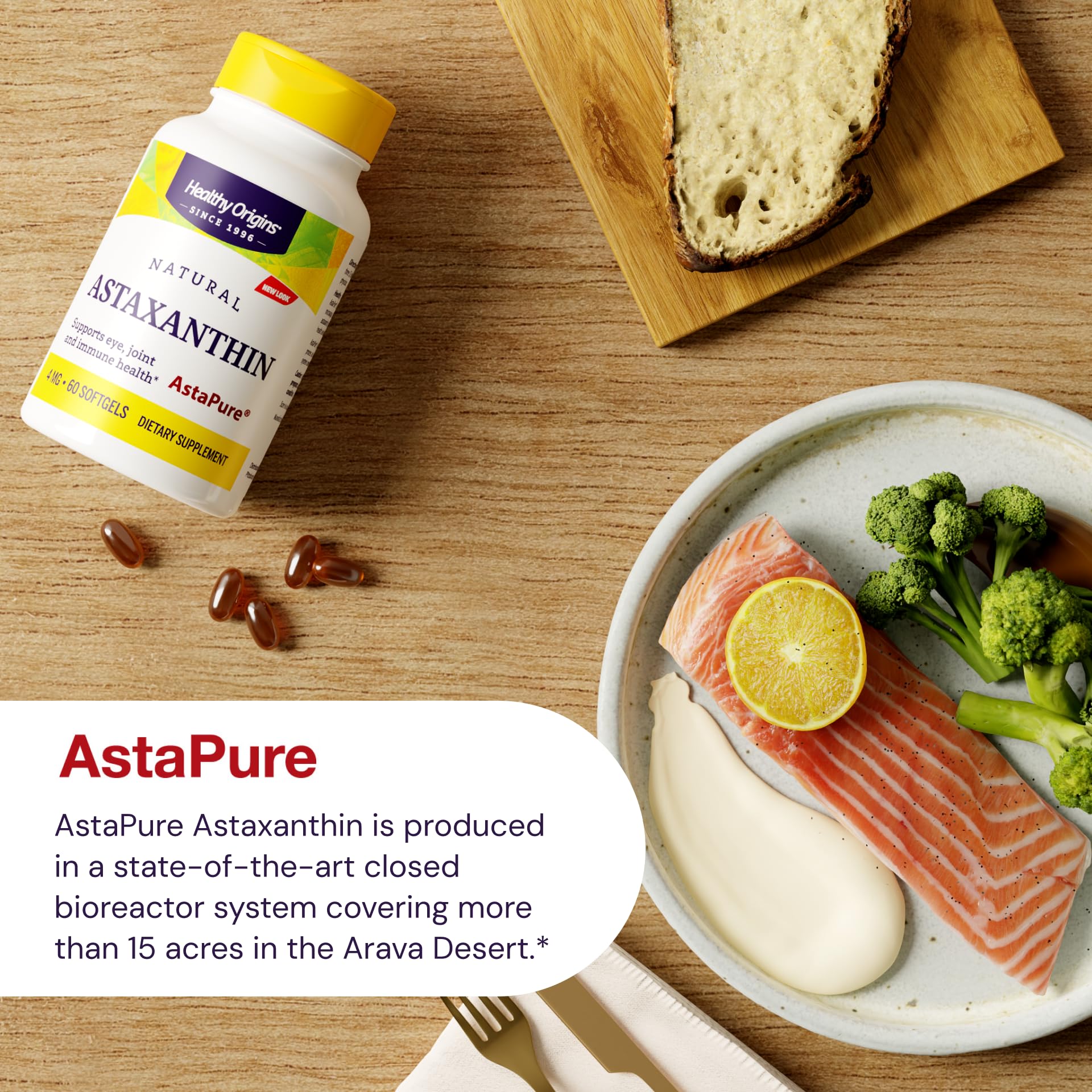 Healthy Origins Astaxanthin 4 mg emballage sans gluten adapté aux régimes sans gluten.