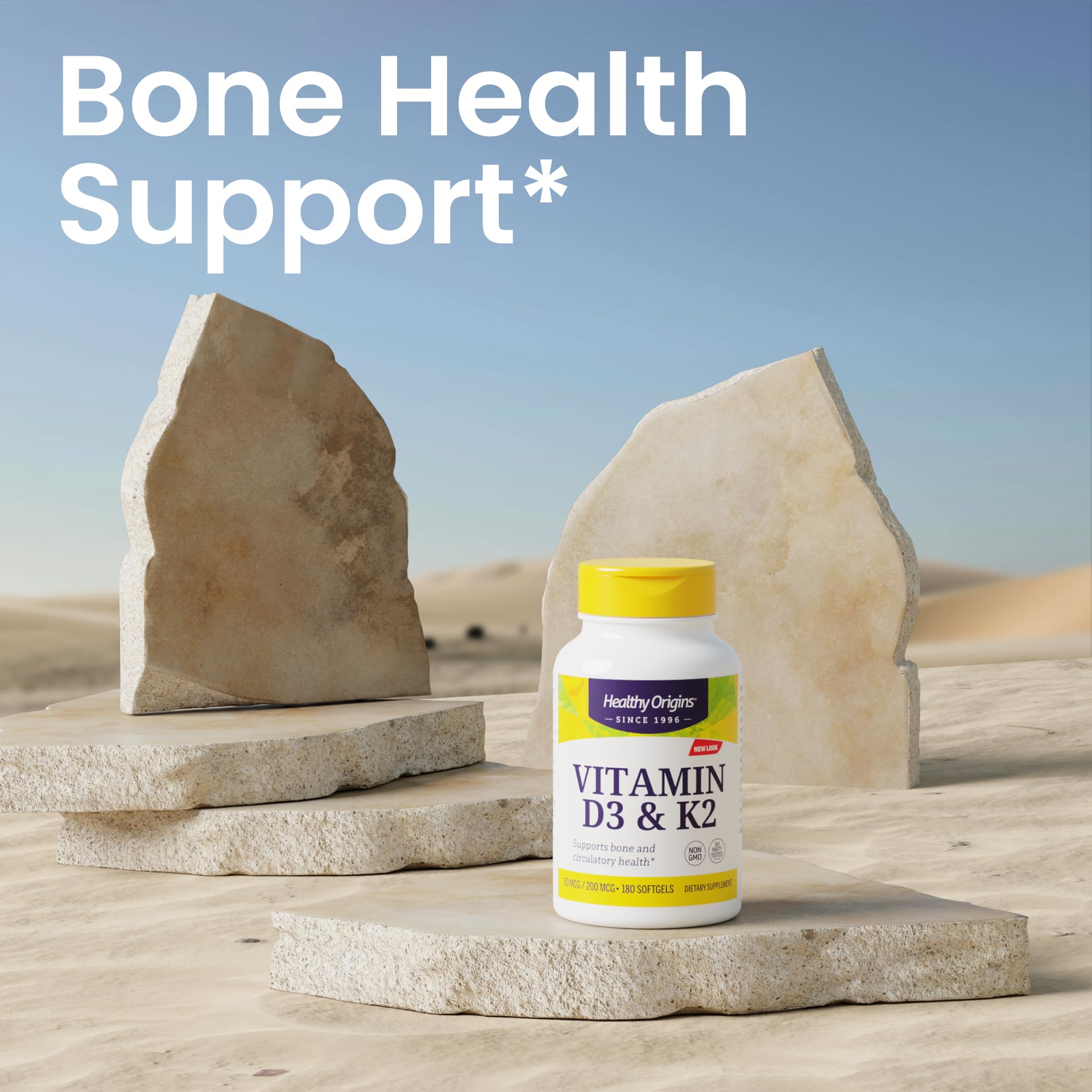 Healthy Origins emballage sans gluten, informations claires sur le flacon.